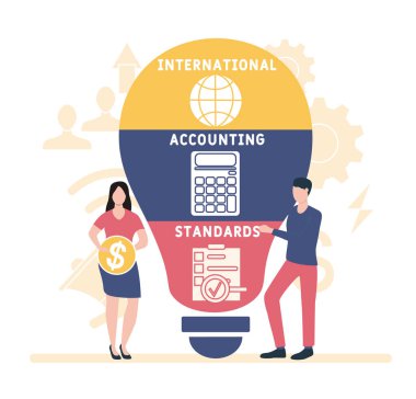 İnsanlarla düz tasarım. Uluslararası Muhasebe Standartları. İş kavramı geçmişi. Web sitesi afişi, pazarlama materyalleri, iş sunumu, çevrimiçi reklamcılık için vektör illüstrasyonu