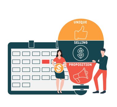 İnsanlarla düz tasarım. USP - Eşsiz Satma Teklifi. İş kavramı geçmişi. Web sitesi afişi, pazarlama materyalleri, iş sunumu, çevrimiçi reklamcılık için vektör illüstrasyonu