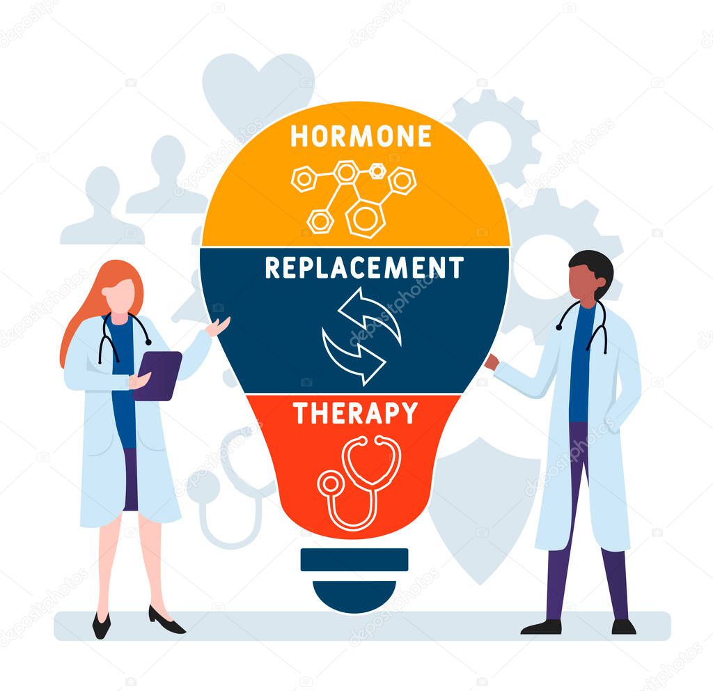 Flat design with people. HRT - Hormone Replacement Therapy acronym, medical concept. Vector illustration for website banner, marketing materials, business presentation, online advertising