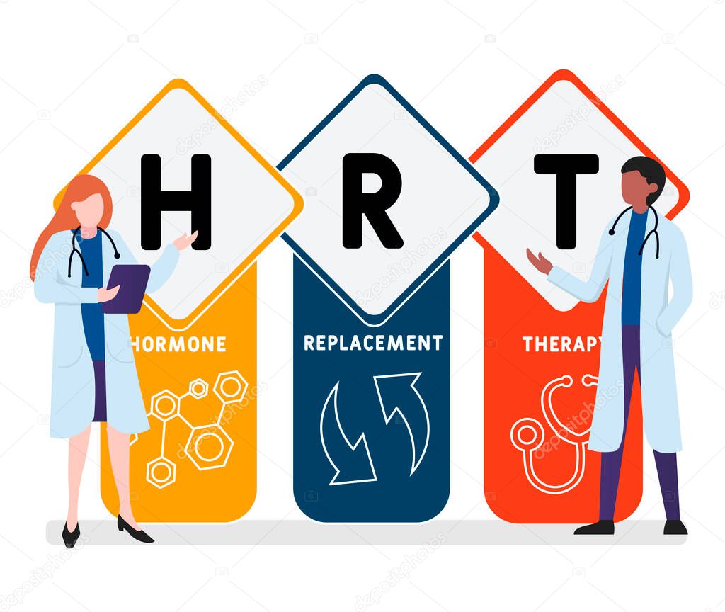 Flat design with people. HRT - Hormone Replacement Therapy acronym, medical concept. Vector illustration for website banner, marketing materials, business presentation, online advertising