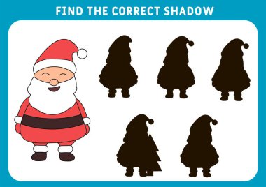 Çocuklar için doğru gölge eğitme oyununu bul. Noel Baba. Çocuklar için oyun. Anaokulu ödevi. Vektör illüstrasyonu.
