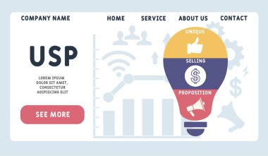 Vektör web sitesi tasarım şablonu. USP - Eşsiz Satma Teklifi. İş kavramı geçmişi. Web sitesi afişi, pazarlama malzemeleri, iş sunumu, çevrimiçi reklamcılık için illüstrasyon.