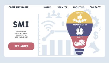 Vektör web sitesi tasarım şablonu. SMI - Hizmet Ölçüm Endeksi kısaltması, iş kavramı. Web sitesi afişi, pazarlama malzemeleri, iş sunumu, çevrimiçi reklamcılık için illüstrasyon.