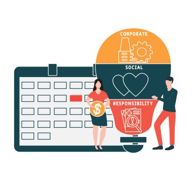 İnsanlarla düz tasarım. CSR - kurumsal sosyal sorumluluk. Kısaltma iş konsepti. Web sitesi afişi, pazarlama materyalleri, iş sunumu, çevrimiçi reklamcılık için vektör illüstrasyonu