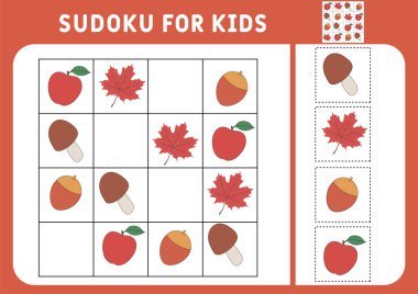 Çocuklar için sudoku. Eğitim geliştirme çalışma programı. İçinde resimler olan etkinlik sayfası. Çocuklar için bir bulmaca oyunu. Sonbahar yaprakları, mantar, elma. İzole vektör çizimleri. Mantık eğitimi