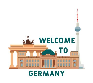 Almanya 'ya hoş geldiniz. Almanya 'nın tarihi mimarisini keşfetmek için davetiye. Turistik poster. Berlin, Almanya 'da tarihi mimari binası. Brandenburg Kapısı. Reichstag. 