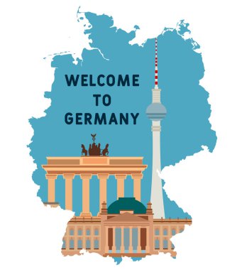 Almanya haritası konsepti. Seyahat kartpostalları, posterleri, broşürleri ve reklamları için ünlü bir simge. Almanya 'ya hoş geldiniz. Berlin, Almanya 'da tarihi mimari binası. Brandenburg Kapısı. Reichstag. 