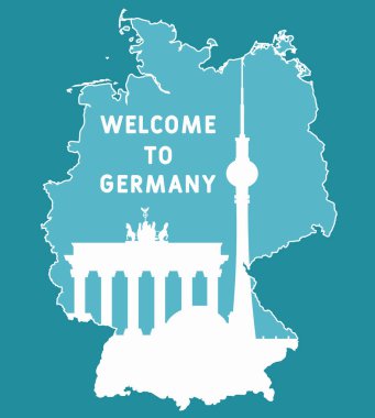 Almanya haritası konsepti. Seyahat kartpostalları, posterleri, broşürleri ve reklamları için ünlü bir simge. Almanya 'ya hoş geldiniz. Berlin, Almanya 'da tarihi mimari binası. Brandenburg Kapısı. Reichstag. 