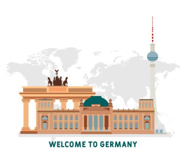Almanya 'ya hoş geldiniz. Almanya 'nın tarihi mimarisini keşfetmek için davetiye. Turistik poster. Berlin, Almanya 'da tarihi mimari binası. Brandenburg Kapısı. Reichstag. 