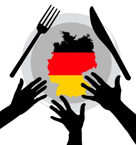 Hände Greifen Nach Einer Deutschlandkarte Die Auf Einem Teller Liegt — Stockvektor