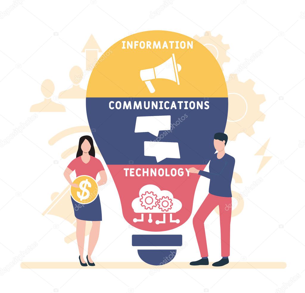 Flat design with people. ICT - Information Communications Technology.  business concept background. Vector illustration for website banner, marketing materials, business presentation, online advertising