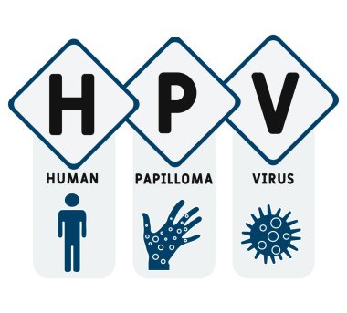 HPV - İnsan Papilloma Virüsü kısaltması, tıbbi konsept geçmişi. Anahtar sözcükler ve simgelerle vektör illüstrasyon kavramı. Web afişi, el ilanı, iniş sayfası simgeleriyle illüstrasyon