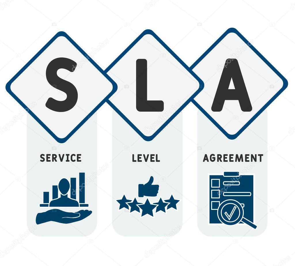 SLA - Service Level Agreement acronym, business concept background. Concept with keywords, letters and icons. Colored flat vector illustration. Isolated on white background.