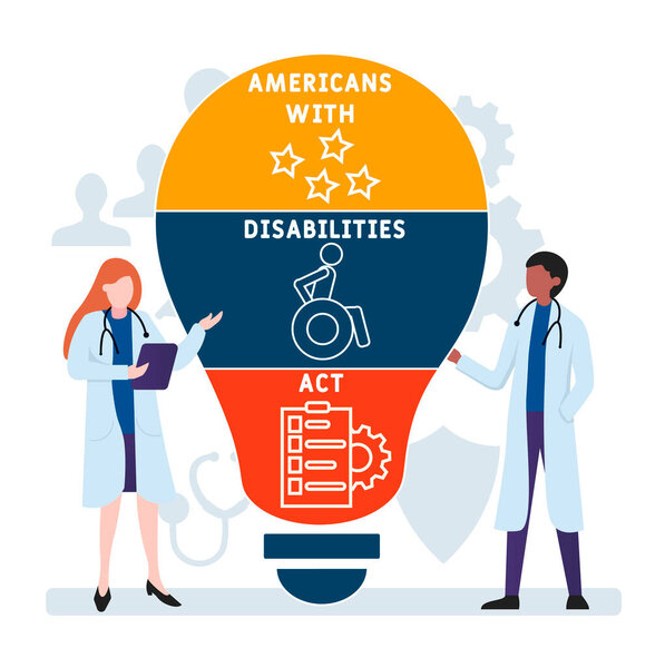 Плоский дизайн с людьми. ADA - American with Disabilities Act, medical concept. Векторная иллюстрация для баннера сайта, маркетинговых материалов, бизнес-презентации, интернет-рекламы