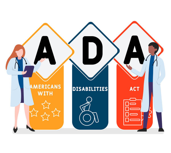 Плоский дизайн с людьми. ADA - American with Disabilities Act, medical concept. Векторная иллюстрация для баннера сайта, маркетинговых материалов, бизнес-презентации, интернет-рекламы