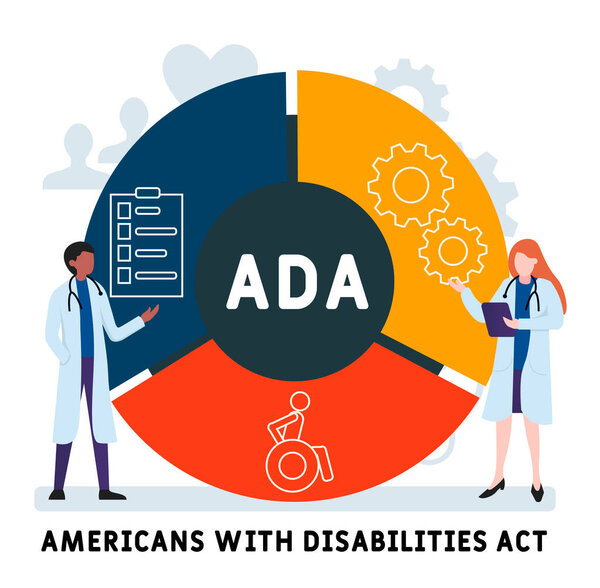 Плоский дизайн с людьми. ADA - American with Disabilities Act, medical concept. Векторная иллюстрация для баннера сайта, маркетинговых материалов, бизнес-презентации, интернет-рекламы