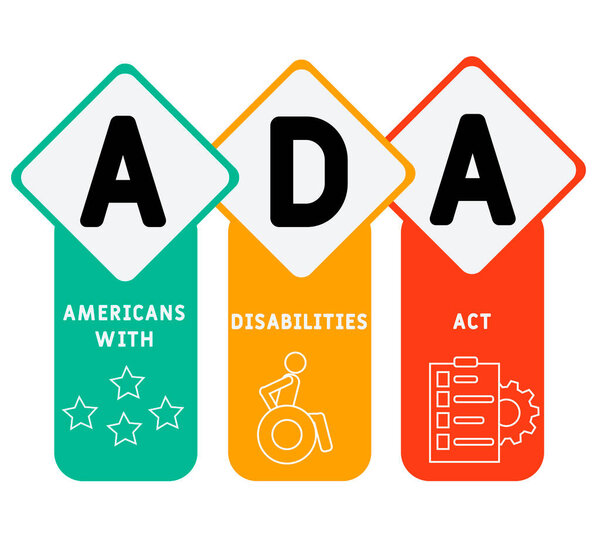 АДА - Американцы с ограниченными возможностями акроним, медицинская концепция фона. концепция векторной иллюстрации с ключевыми словами и значками. буквенные иллюстрации с иконками для веб-баннера, флаера, целевой страницы