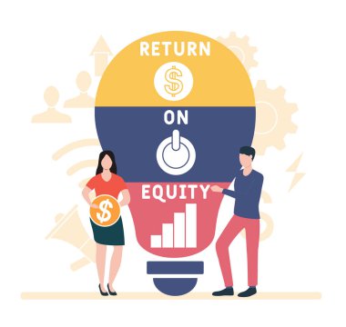 İnsanlarla düz tasarım. ROE - öz sermayeye dönüş. İş kavramı geçmişi. Web sitesi afişi, pazarlama materyalleri, iş sunumu, çevrimiçi reklamcılık için vektör illüstrasyonu