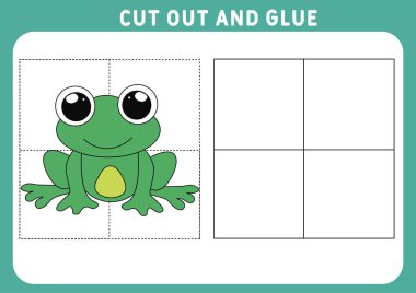 Çocuklar için eğitici bir oyun. Çocuklar için bulmaca. Kes ve yapıştır. Komik ve sevimli küçük kurbağa. Çalışma çizelgesi. Vektör illüstrasyonu.