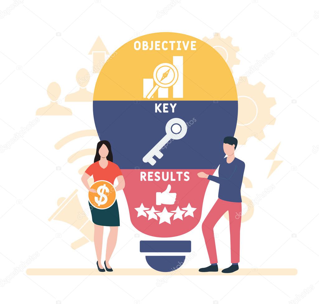 Flat design with people. OKR - Objective Key Results acronym.  business concept background. Vector illustration for website banner, marketing materials, business presentation, online advertising