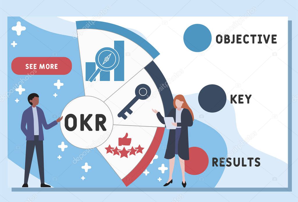 Vector website design template . OKR - Objective Key Results   acronym, business concept. illustration for website banner, marketing materials, business presentation, online advertising. 