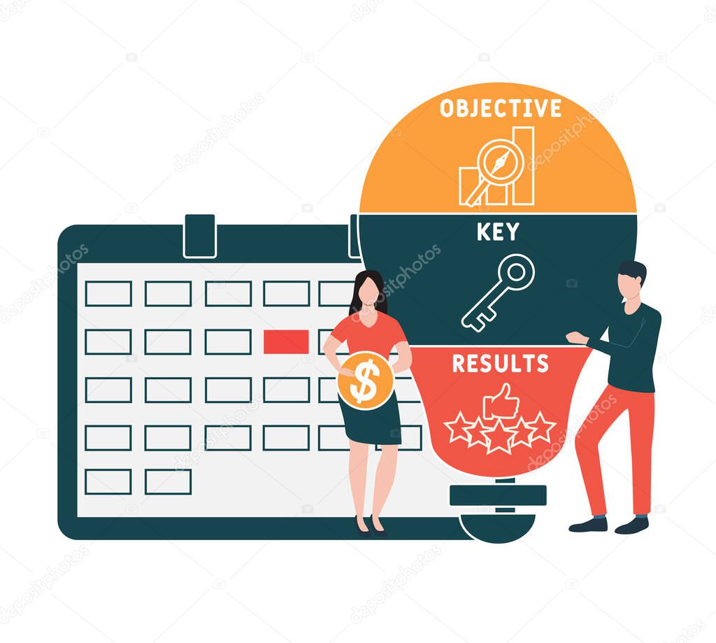Flat design with people. OKR - Objective Key Results acronym.  business concept background. Vector illustration for website banner, marketing materials, business presentation, online advertising