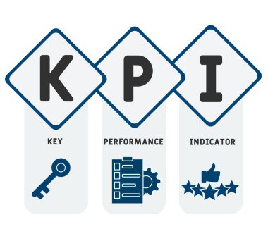 KPI - anahtar performans göstergeleri kısaltma iş konsepti geçmişi. Anahtar sözcükler ve simgelerle vektör illüstrasyon kavramı. Web afişi, el ilanı, iniş sayfası simgeleriyle illüstrasyon