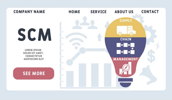 Vector Webbplats Design Mall Scm Supply Chain Management Akronym Affärsidé — Stock vektor