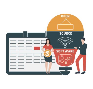 İnsanlarla düz tasarım. OSS - Açık kaynaklı yazılım kısaltması. İş kavramı geçmişi. Web sitesi afişi, pazarlama materyalleri, iş sunumu, çevrimiçi reklamcılık için vektör illüstrasyonu