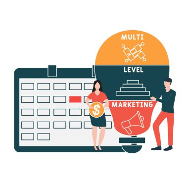 İnsanlarla düz tasarım. MLM - Çok Düzey Pazarlama kısaltması. İş kavramı geçmişi. Web sitesi afişi, pazarlama materyalleri, iş sunumu, çevrimiçi reklamcılık için vektör illüstrasyonu