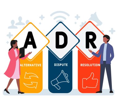 İnsanlarla düz tasarım. ADR - Alternatif Anlaşmazlık Çözünürlüğü kısaltması. İş kavramı geçmişi. Web sitesi afişi, pazarlama materyalleri, iş sunumu, çevrimiçi reklamcılık için vektör illüstrasyonu