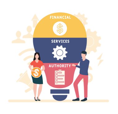 İnsanlarla düz tasarım. FSA - Mali Hizmetler Dairesi kısaltması. İş kavramı geçmişi. Web sitesi afişi, pazarlama materyalleri, iş sunumu, çevrimiçi reklamcılık için vektör illüstrasyonu