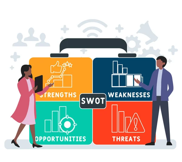 Design Piatto Con Persone Swot Forza Debolezze Opportunità Minacce Acronimo — Vettoriale Stock