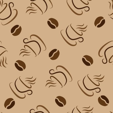 kahverengi bir arka plan üzerinde kahve çekirdekleri ve kahve fincanları ile dikişsiz desen
