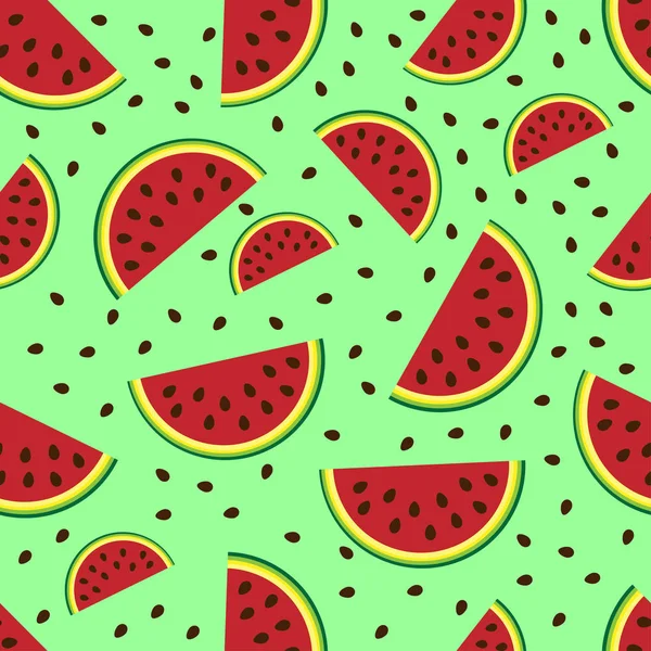 Nahtloses Muster Mit Wassermelonenscheiben Auf Grünem Hintergrund — Stockvektor