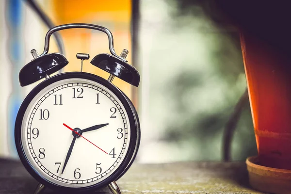 Retro Alarm Clock Wooden Table Vintage Style — Stock Photo, Image