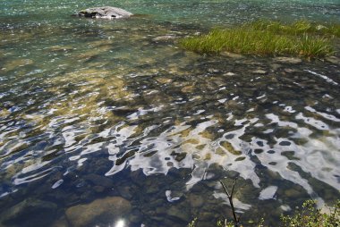 Su deseni. Burada gökyüzü yansıma, Azure şeffaf su ve yeşil çim biraz. 