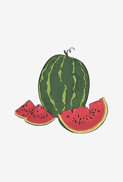 Vattenmelonaffisch Vattenmelonskivor Hälften Och Fjärdedelar Mogen Vattenmelon Vektor Illustration — Stock vektor