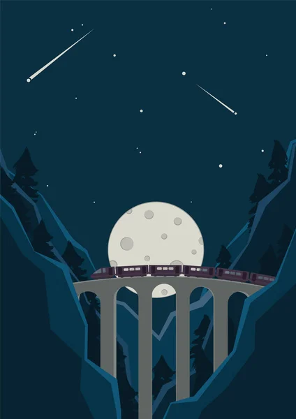 Tren köprüden geçiyor. Dağlar ve ormanlar arasında gece treni yolculuğu. Seyahat illüstrasyonu.