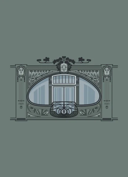 Dekoratif detayları olan Art Nouveau penceresi. Gendstil pencere çerçevesi. Fransız balkonlu ön cephe..