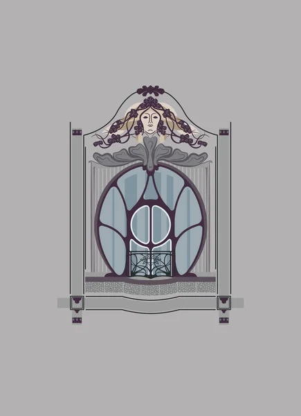 Dekoratif detayları olan Art Nouveau penceresi. Gendstil pencere çerçevesi. Fransız balkonlu ön cephe..