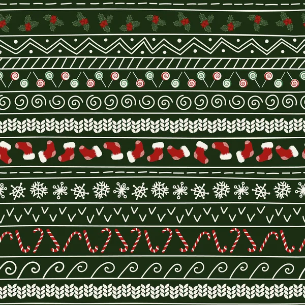 Yatay, kusursuz bir Noel deseni. Kutlama kartları ve ambalaj kağıtları için Noel süsü. Noel sembollü şenlik baskısı.