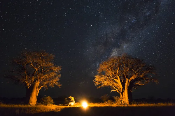 Kemp Pod Mléčnou Dráhu Mezi Botswana Baobab — Stock fotografie