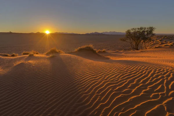 Solen starburst vid solnedgången och vinden svepte sand på dyn — Stockfoto