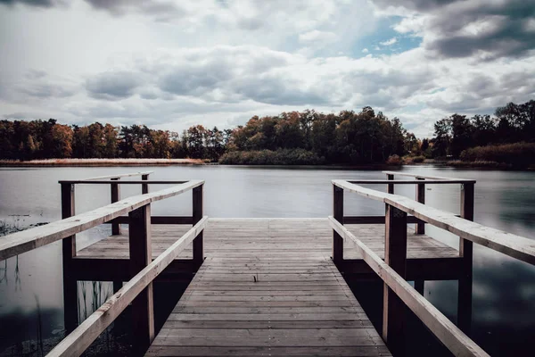 Yumuşak su ve ahşap doku ve ağaçlar ile bulutlu bir günde akran ile Göl