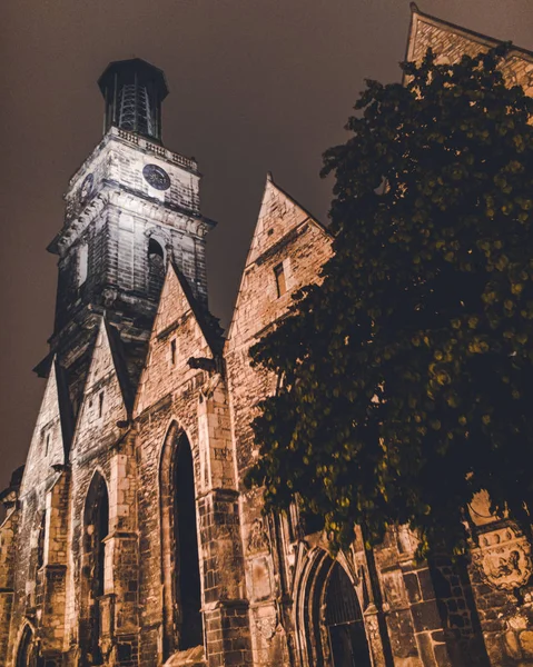 Yüzeyde ışıklandırma ile eski kilise ve geceleri yanında bir ağaç