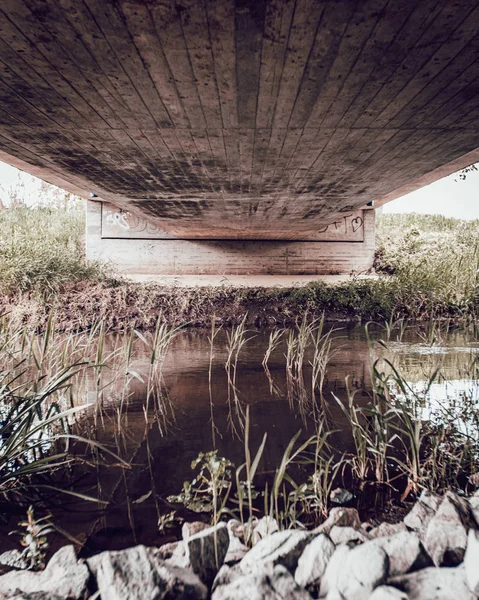 Otlar ve yansımaları ile bir köprü altında küçük göl