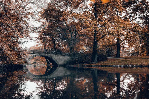 Hannover şehrinde bir parkta su ve portakal otu ve ağaçlar üzerinde yansımaları ile eski köprü