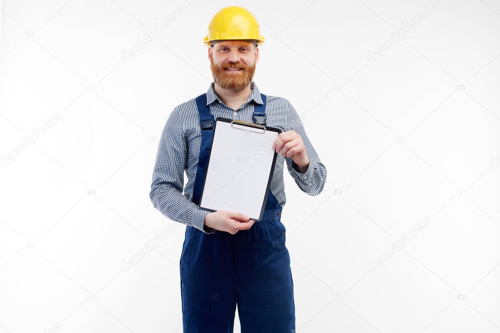 Engineer shows notepad on camera on a white background