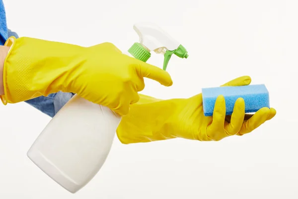 Close up. A woman in yellow gloves using cleaning objects. — Stock Photo, Image
